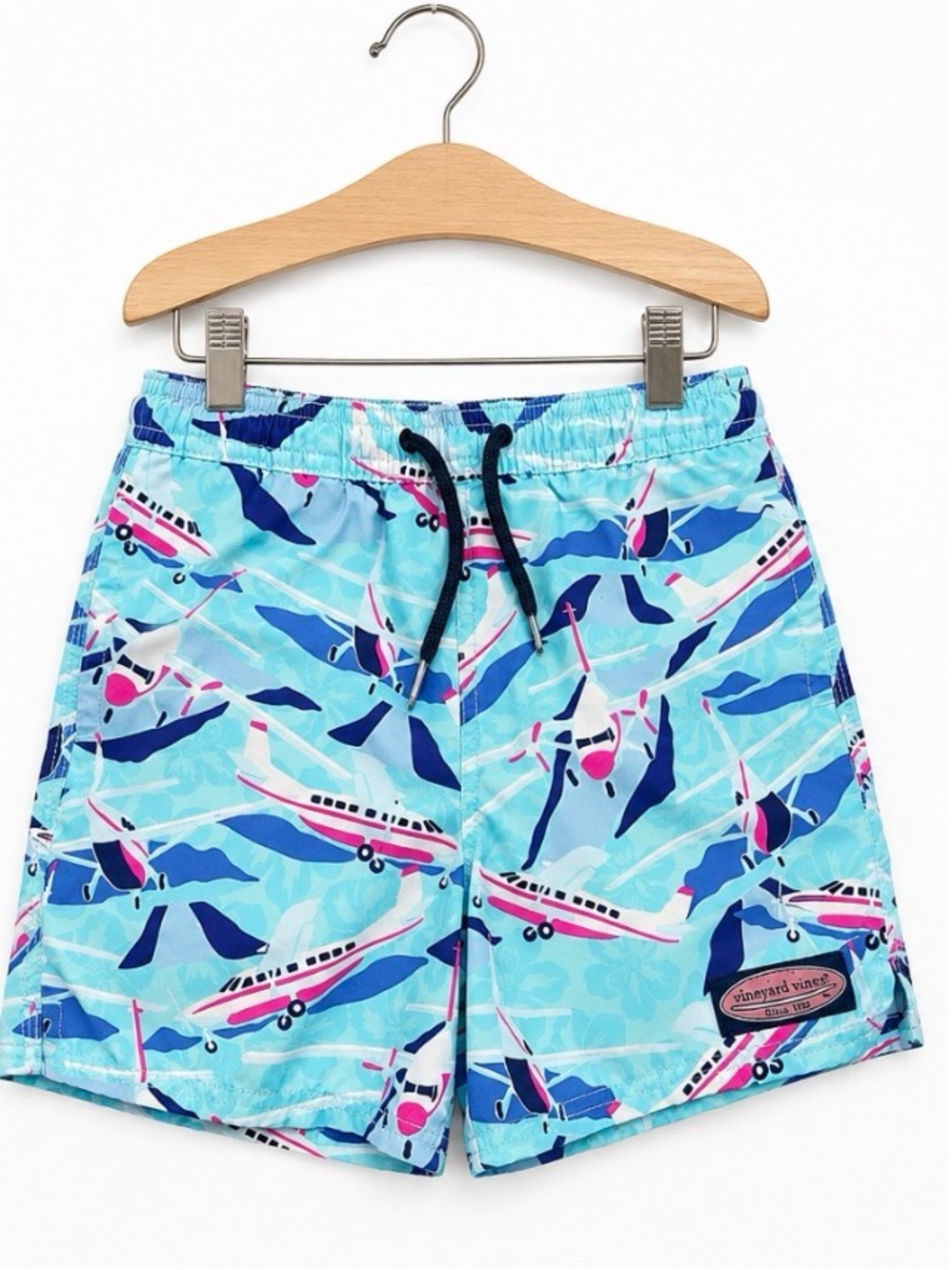 Vineyard Vines Boys' Airplane Swim Shorts - Light Blue with Navy & Pink